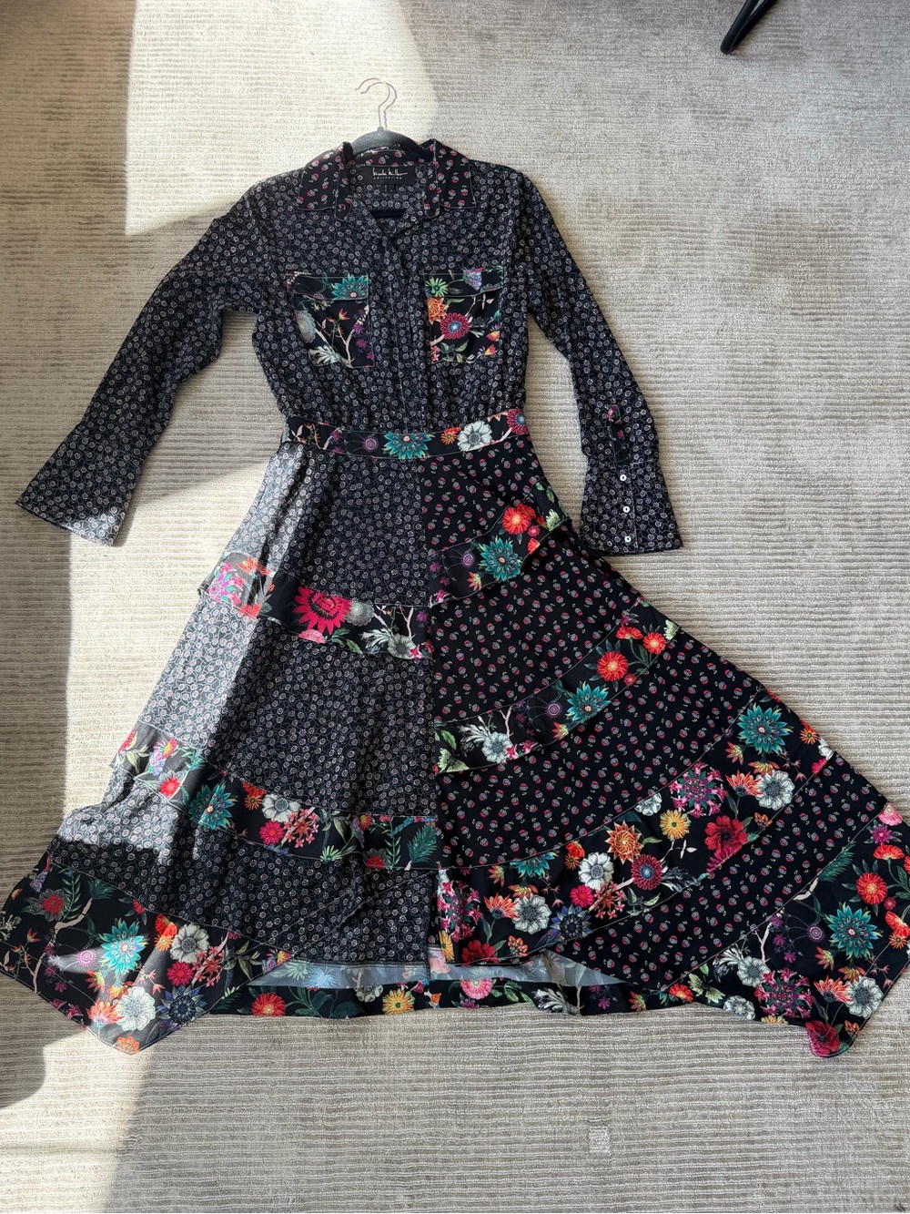 Nicole Miller Boho Floral Black Tiered Maxi Dress
